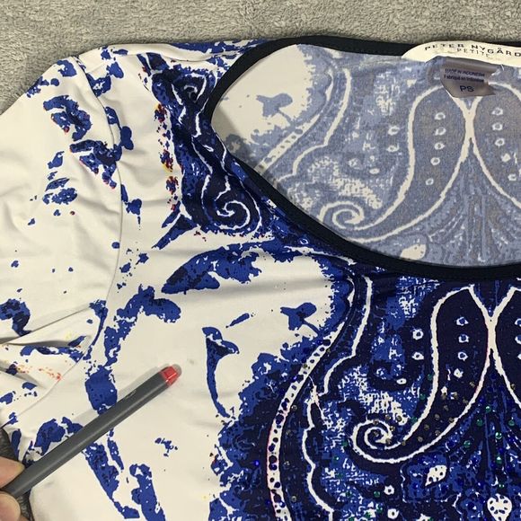 Peter Nygard Tunic Top Jeweled Blue White Damask 3/4 Sleeve Size PS - Picture 4 of 9